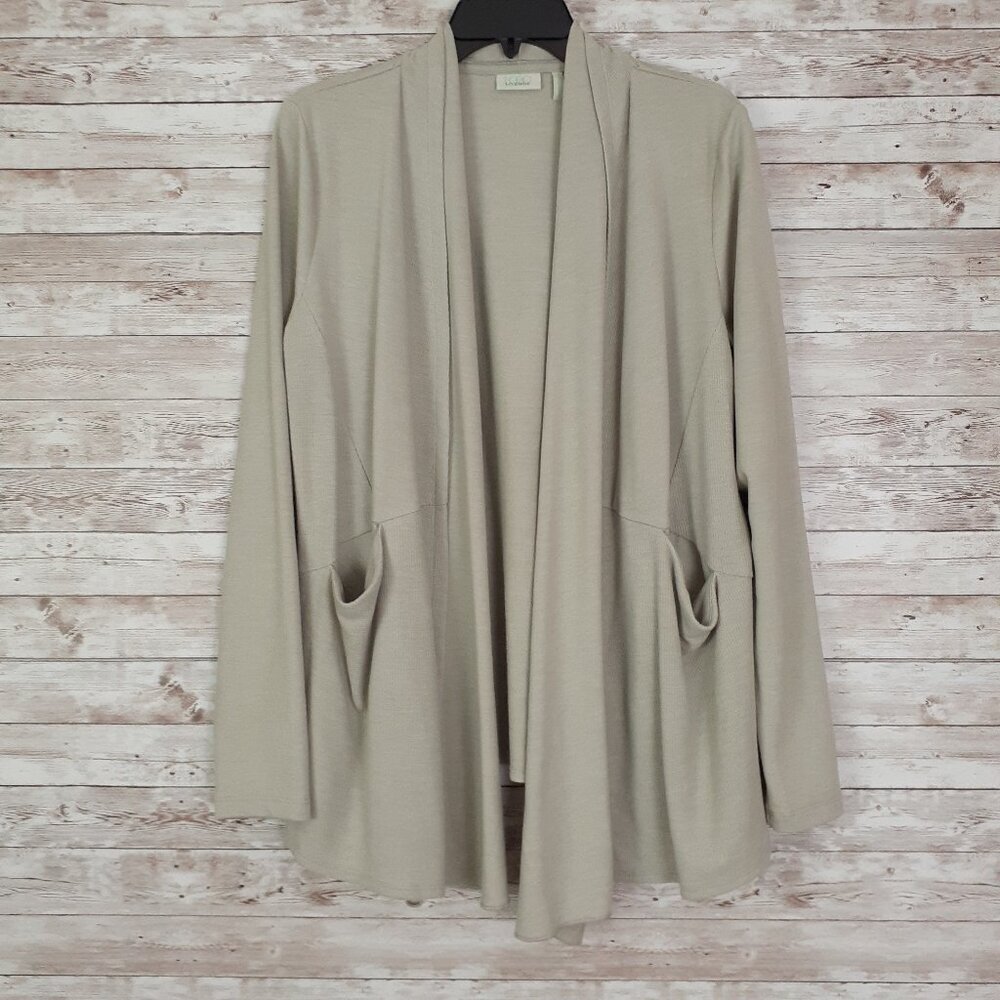 LOGO Lounge Womens Cardigan M Beige Relaxed Open Front Pockets 410